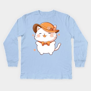 Kawaii cat ready for Thanksgiving diner Kids Long Sleeve T-Shirt